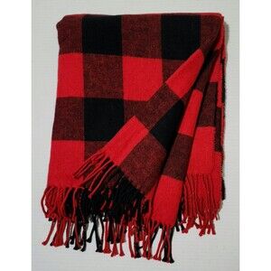 Nido Notte Italia Plaid Cotton Blend Fleece Throw Blanket Red Black Fringe 50x58